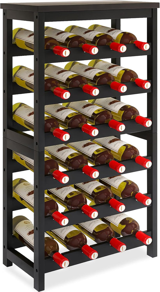 24 Bottle Wine Rack Freestanding Floor, 6 Tier Wine Display Storage Shelves with Tabletop, Bamboo Wine Bottle Holder Stand with Wave Bars for Kitchen Dining Room Pantry, Black