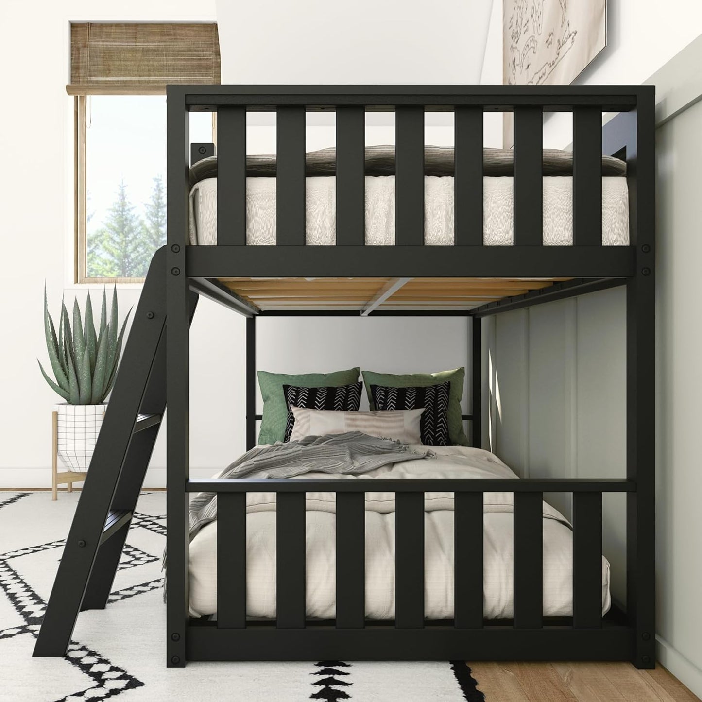 Max & Lily Low Bunk Bed, Scandinavian Modern Bunk Bed, Solid Wood Twin-Over-Twin Bed Frame for Kids, No Box Spring Needed, Black