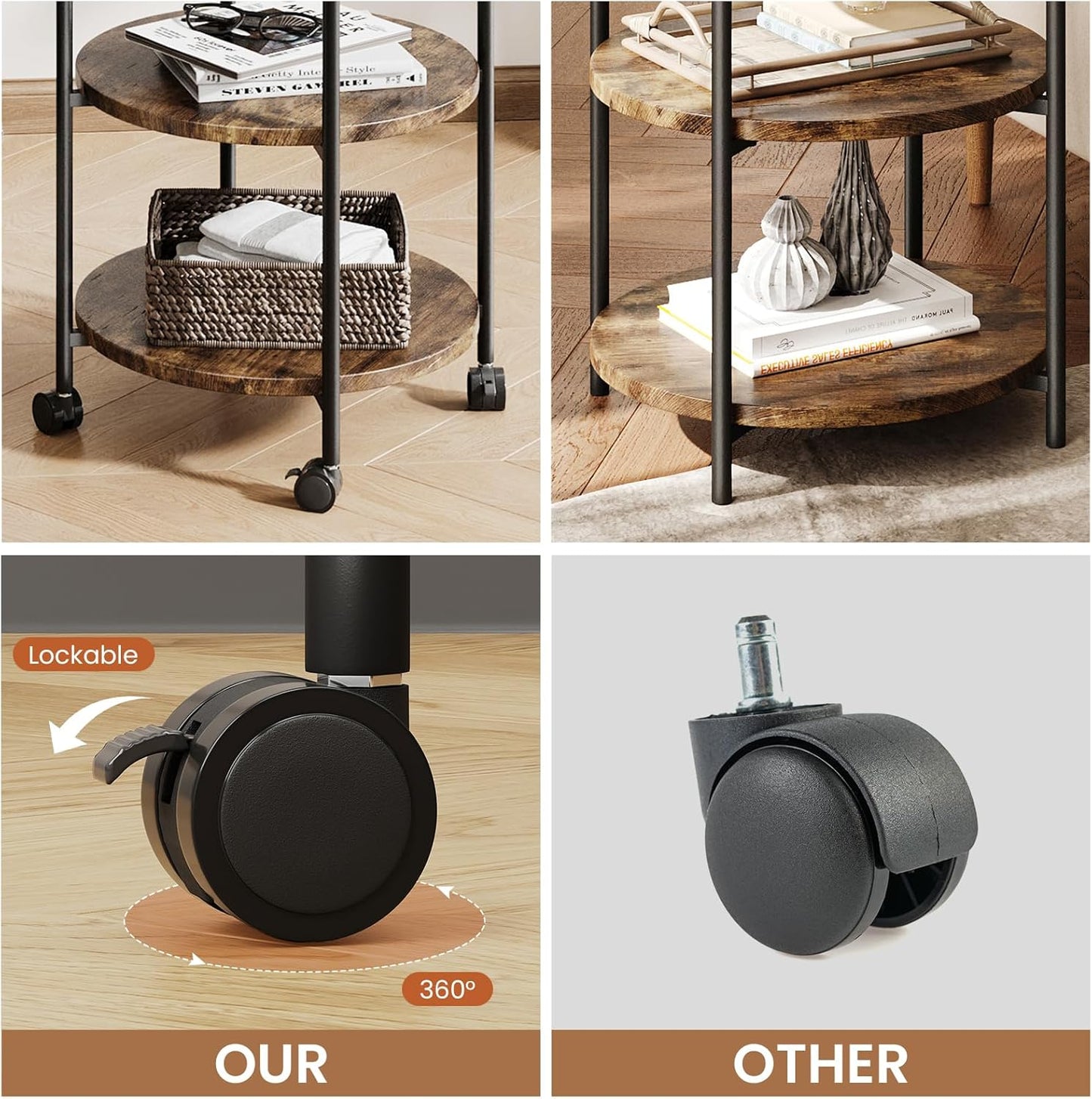 Side Tables Living Room, 3-Tier Modern End Table with Wheels, Small Side Table Nightstand Bedside Table for Living Room, Bedroom, or Small Spaces-Rust Brown