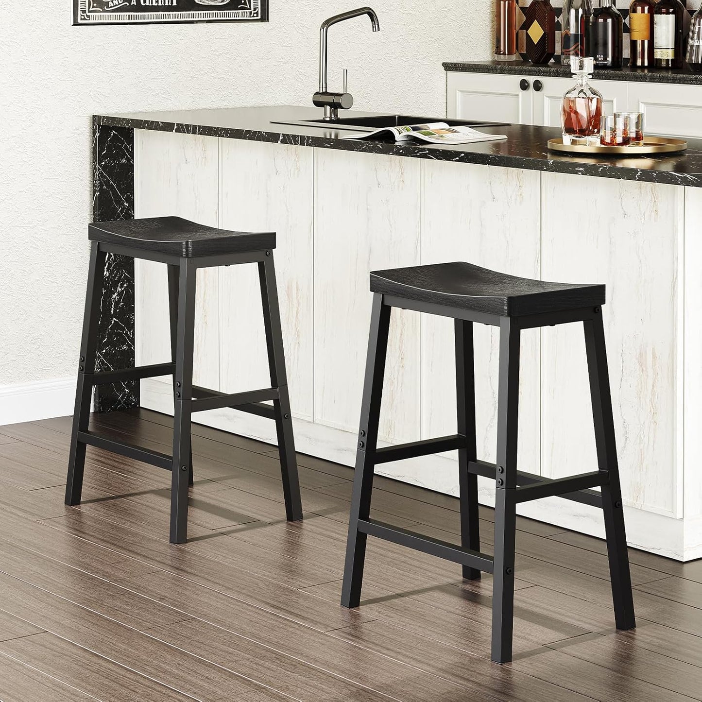 HOOBRO Bar Stools, Set of 2 Bar Chairs, 23.6 Inch Saddle Stools, Kitchen Counter Stools with Footrests, Industrial for Dining Room, Kitchen, Counter, Black BB02MD01