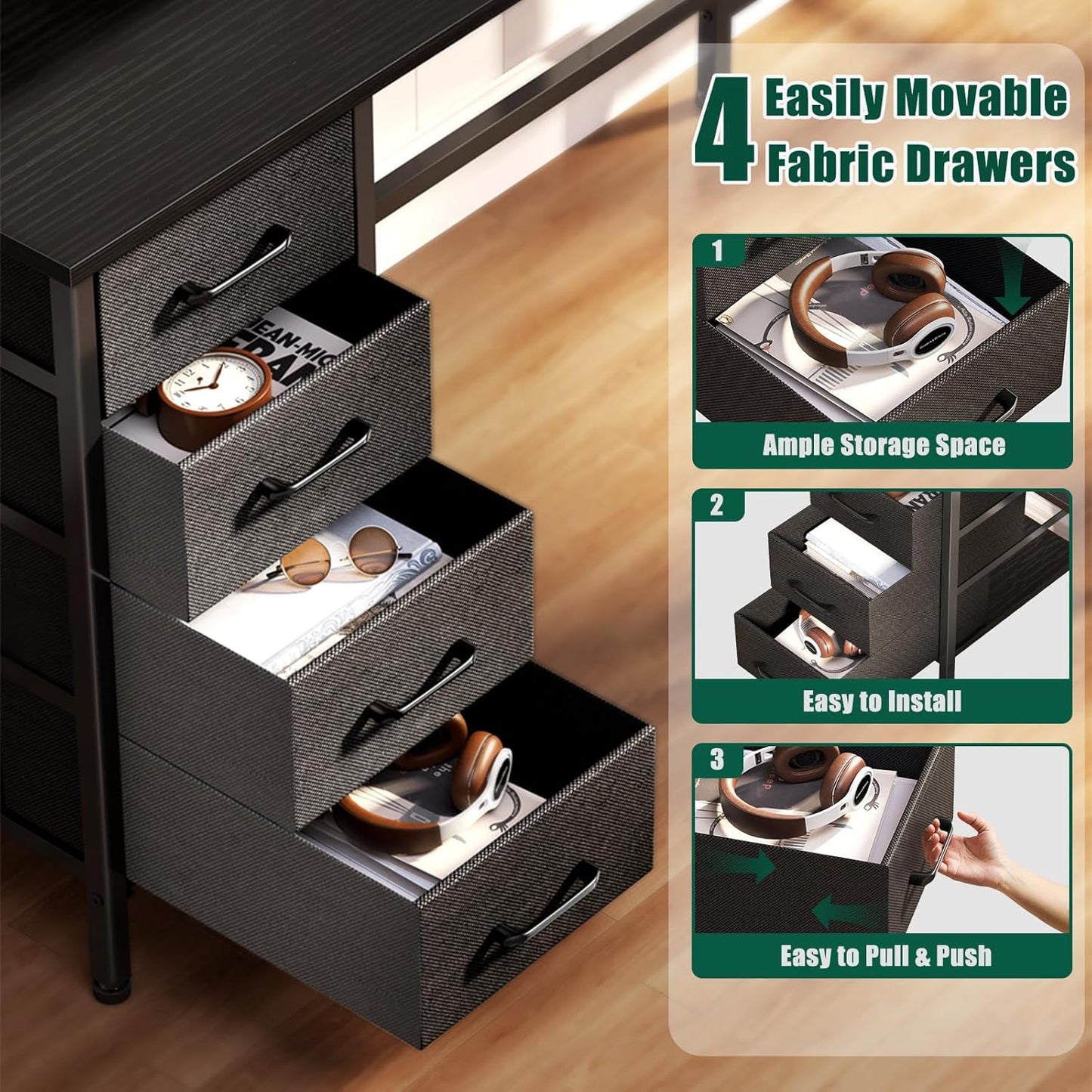 66" L Shaped Computer Desk, 94.4'' Home Office Desk with Power Outlets, 4 Adjustable Storage Drawers & 2 Monitor Stands, Large Two Person Gaming Table for Writing Study, Black