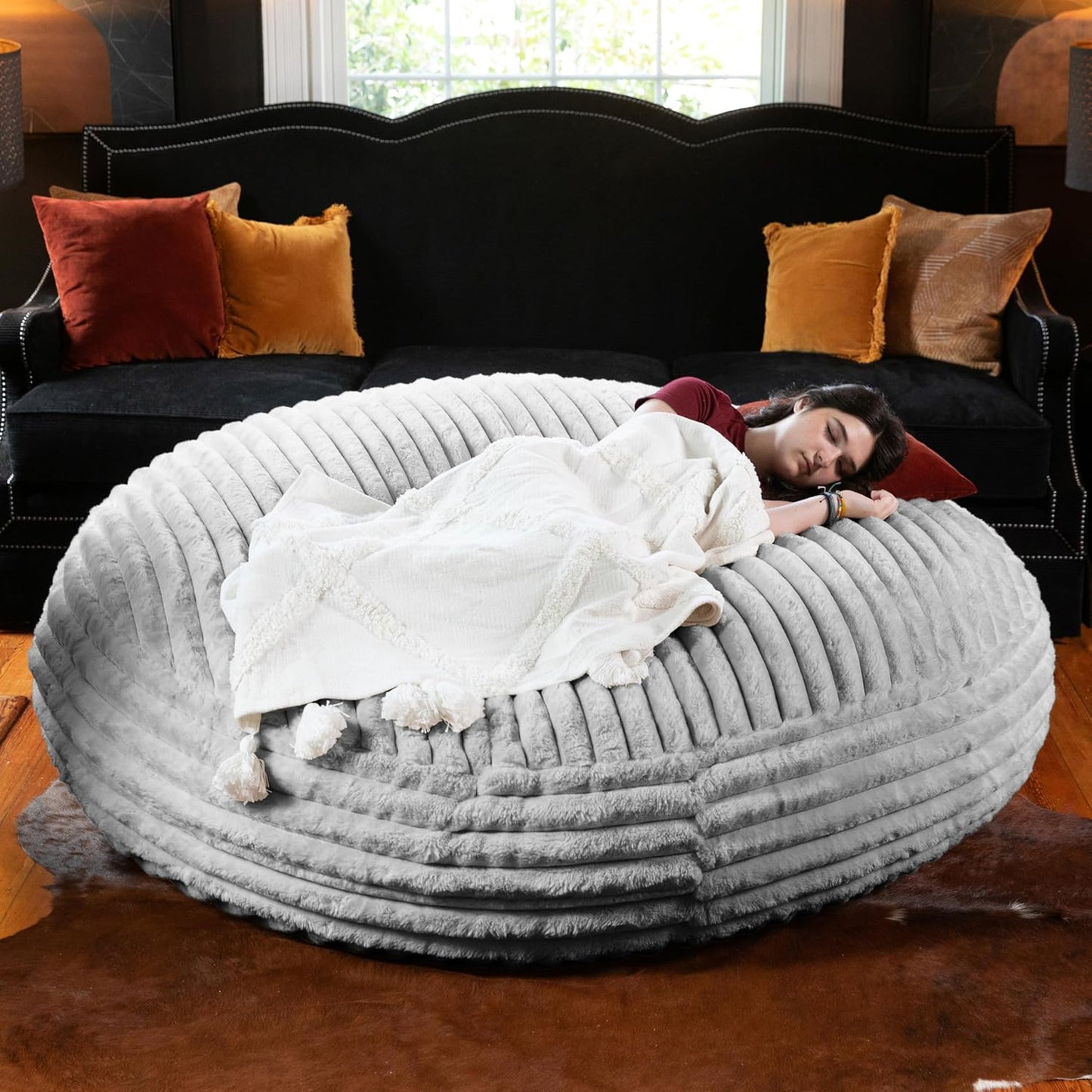 Jaxx 6 Foot Cocoon - 2-in-1 Convertible Bean Bag Bed & Large Bean Bag Chair for Adults, Premium Luxe Faux Fur - Mondo Grey