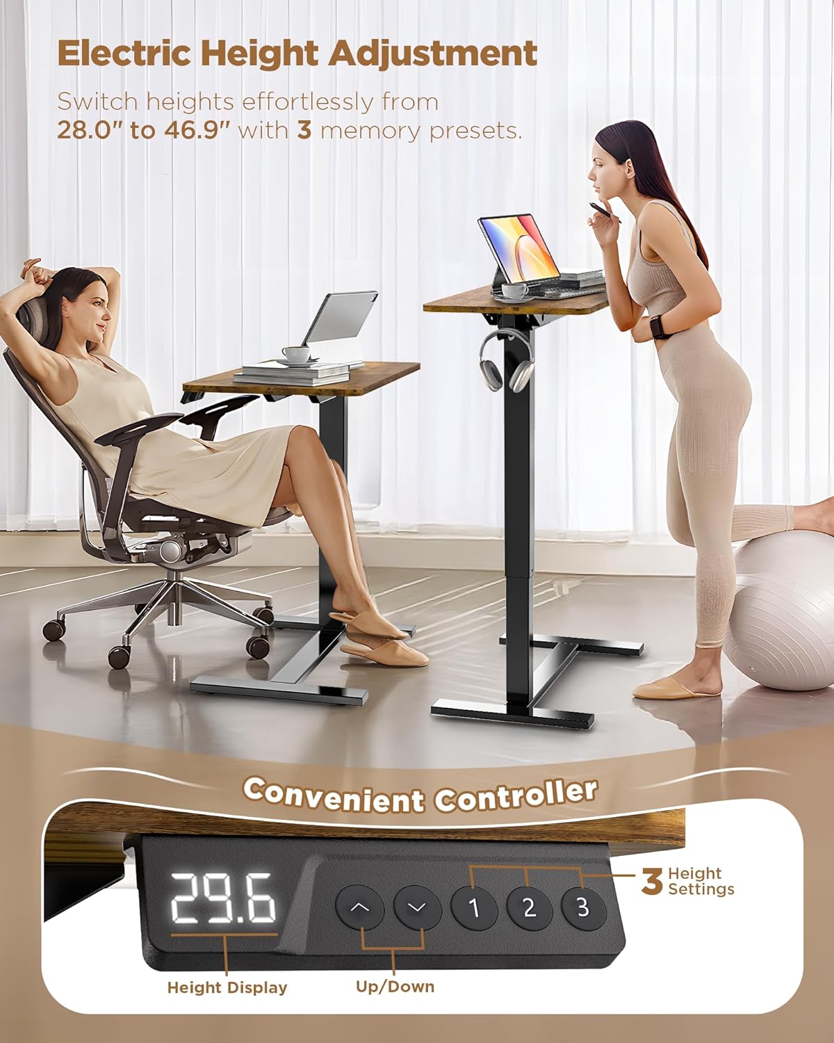 Electric Adjustable Height Standing Desk - Small Sit Stand Portable Rolling Laptop Table with Hidden Wheels, Small Computer Workstation for Bedside & Home Office Use (24"x16",Rustic Brown)