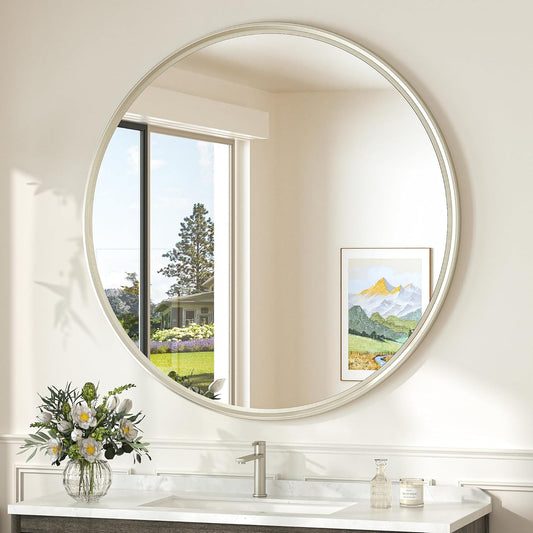 TokeShimi 36 in Round Brushed Nickel Mirror Tempered, Round Mirror Framed Shatterproof, 36x36 Circle Wall Mirror Farmhouse Metal Mirrored for Restroom, Entryway, Bedroom, Vanity, Living Room