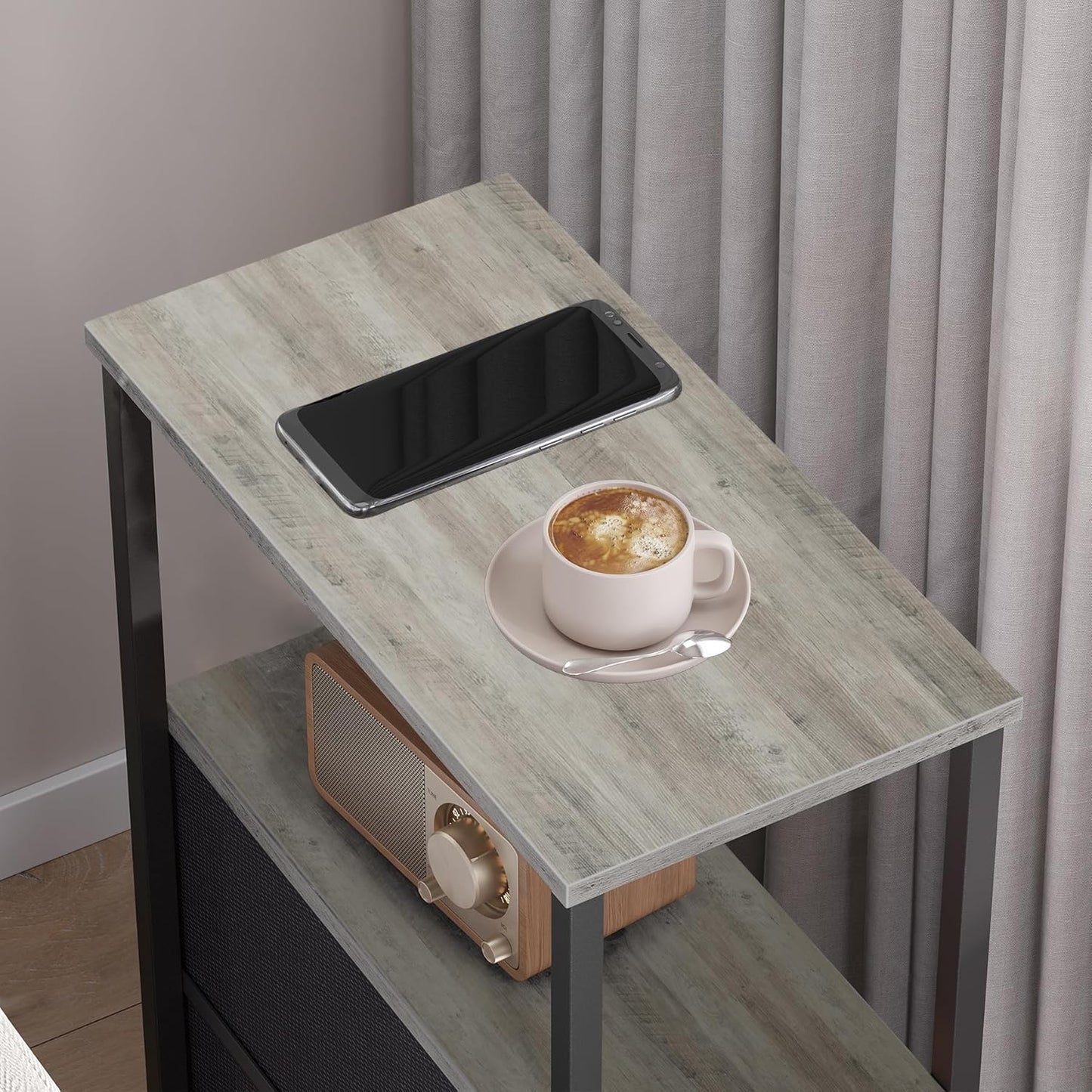 TUTOTAK Small Narrow End Table, Set of 2, Side Table, Nightstand with 2 Cloth Drawers, Couch Table, for Living Room, Bedroom, Bedside, Greige TB01BG054