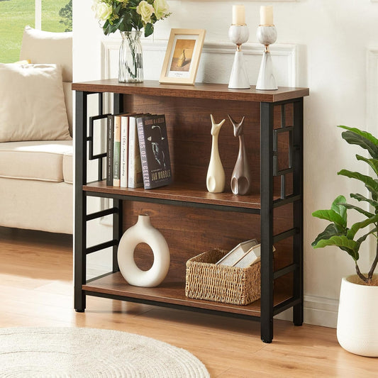 HOMISSUE Book Shelf, 3 Tier Small Bookshelf with Storage, Engineered Wood and Metal Shelf Bookcase, Low Short Bookcases for Small Space, Living Room, Bedroom, Office, Rustic Brown