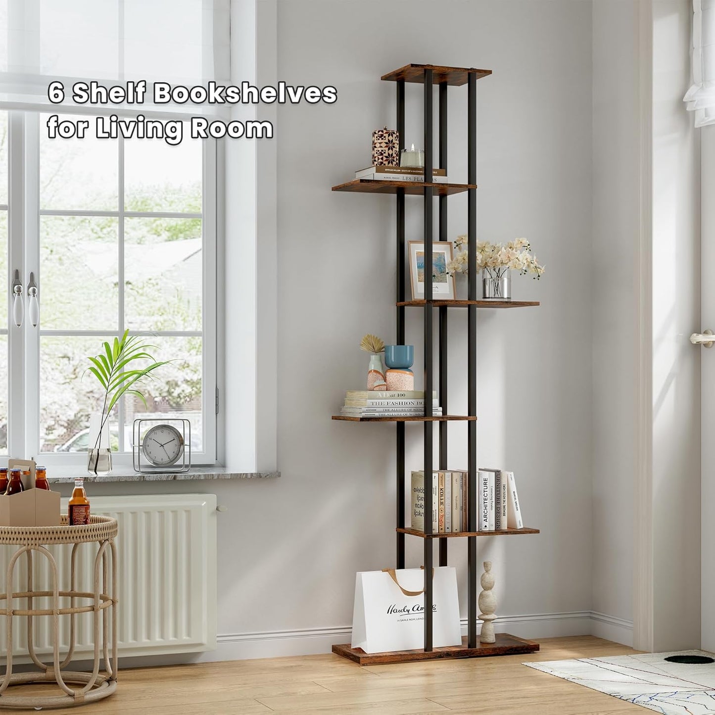 Bookshelf，Small Bookcase for Small Space，6-Tier Bookshelf for Living Room, Home Office, Study，9.45 x 20.8 x 62.2 Inches,Rustic Borwn