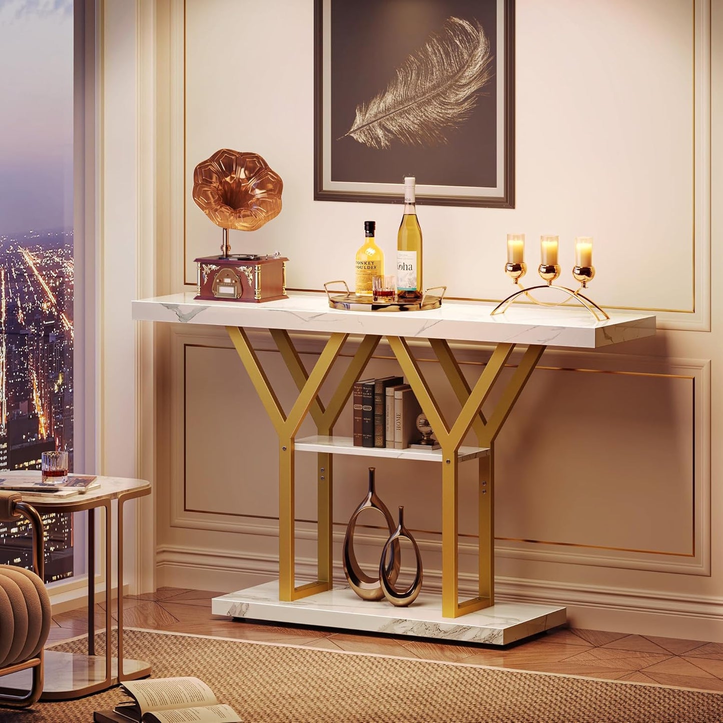 Huuger 47.2 Inch Entryway Table with Marble Top, Industrial Console Sofa Table, 3 Tier Accent Table, for Entry, Hallway, Entrance, Foyer, Y-Shaped Metal Base, Rusitc Brown