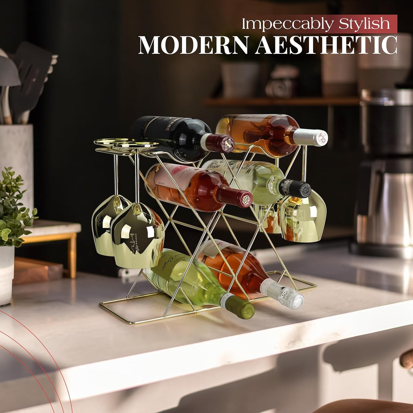 Gusto Nostro Countertop Wine Rack with Glass Holder for 8 Bottles & 4 Glasses - Tabletop Modern Small Wine Rack for Home Kitchen Cabinet Wine Cellar Storage - No Assembly Wine Bottle Holder (Gold)
