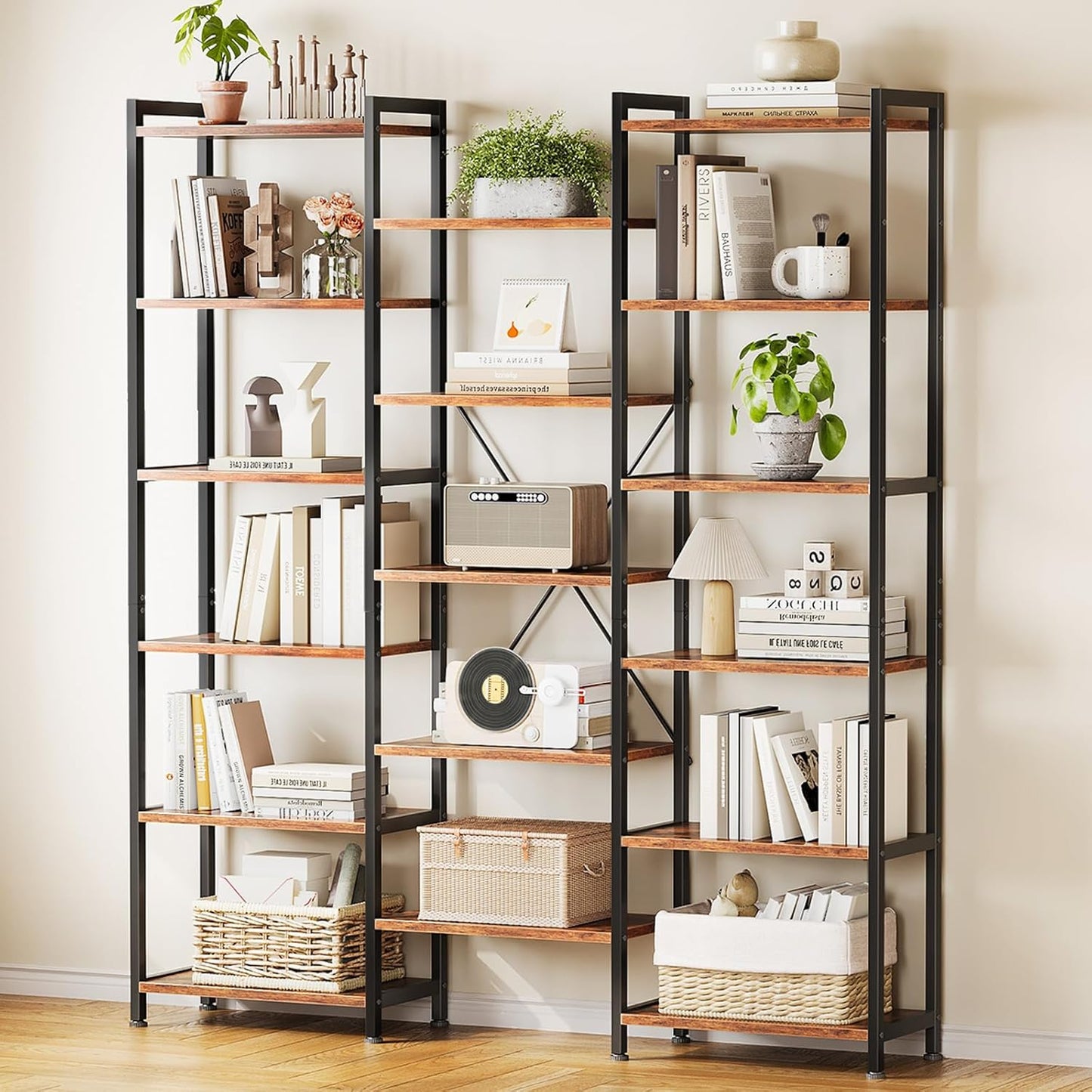 Casaottima Triple 6 Tier Bookshelf, Large Bookcase with 17 Open Display Shelves, Modern Industrial Book Shelves Book Case for Bedroom, Wide Standing Shelving Unit for Living Room Home Office, Vintage