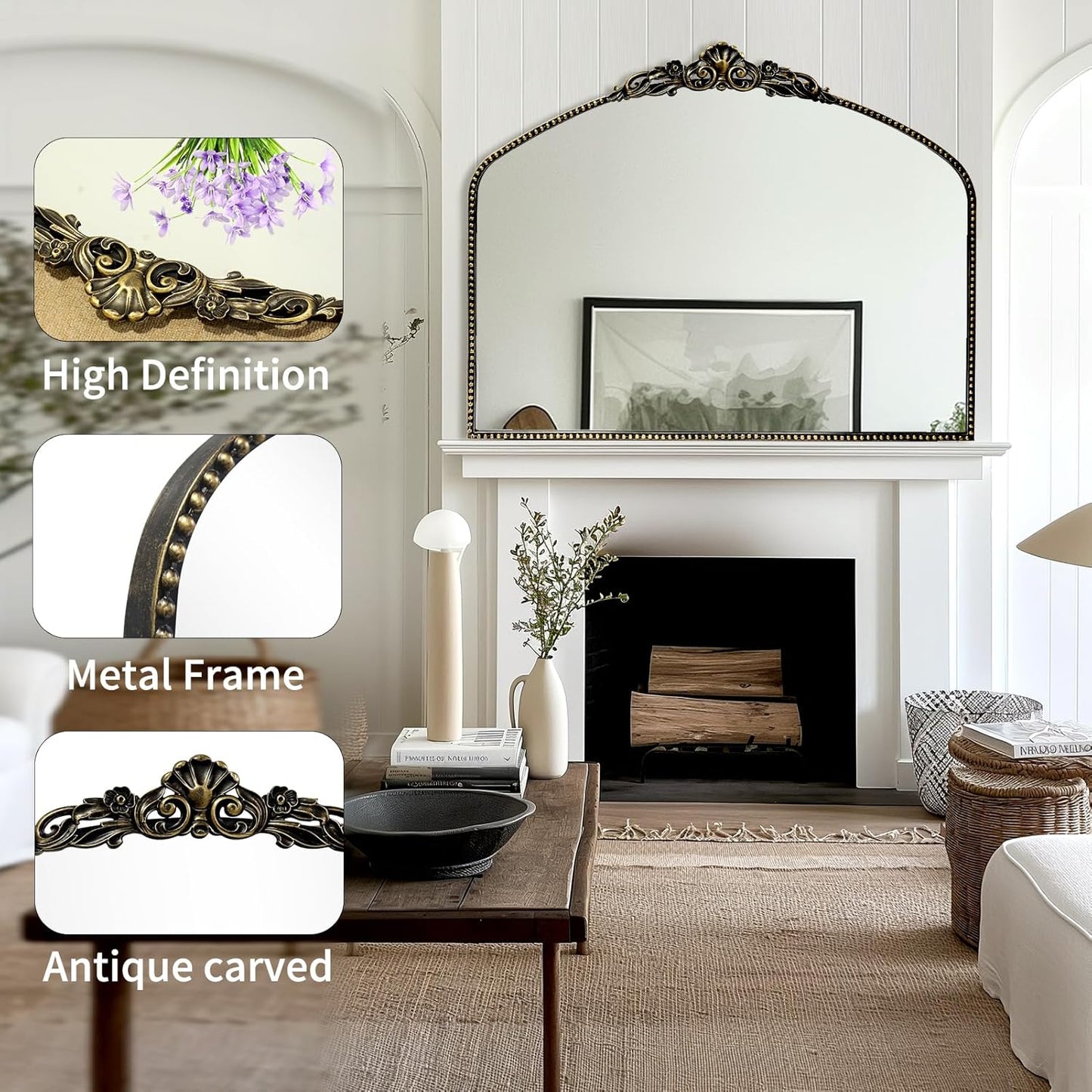 G-LEAF Vintage Baroque Mirror 40"X30",Victorian Antique Farmhouse Mantel Mirror with Black Brush Gold Ornate Metal Frame for Fireplace Entryway Living Room Hallway Bathroom