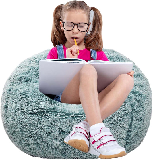 Fluffy Bean Bag Chair for Kids, 2.5FT Round Memory Foam Filled Bean Bag for Teens & Kids, Ultra Soft Faux Fur Fabric Bean Bag Chairs for Playroom, Living Room, Bedroom, Dark Green