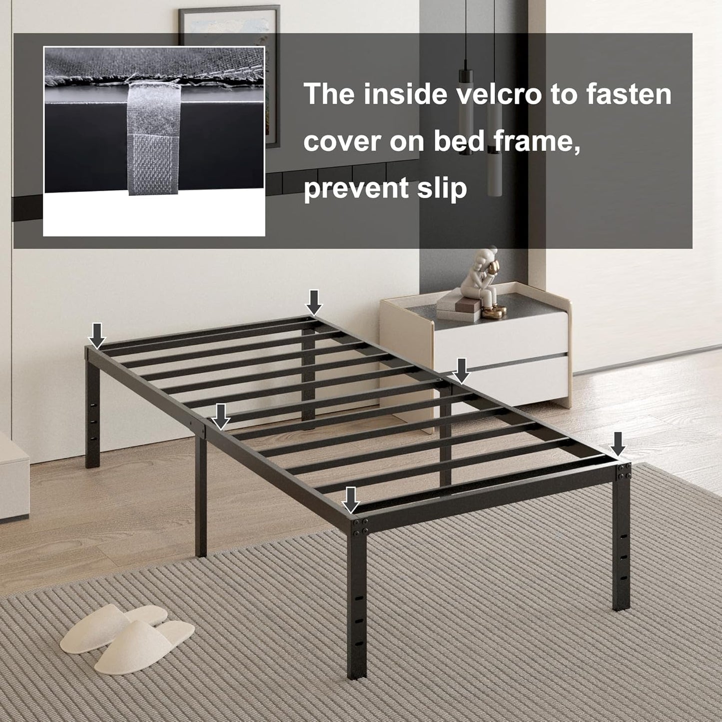 18 Inch Twin Bed Frames with Black Bed Cover, Metal Twin Size Bed Frame No Box Spring Needed, Heavy Duty Mattress Foundation, Easy Assembly, Noise Free