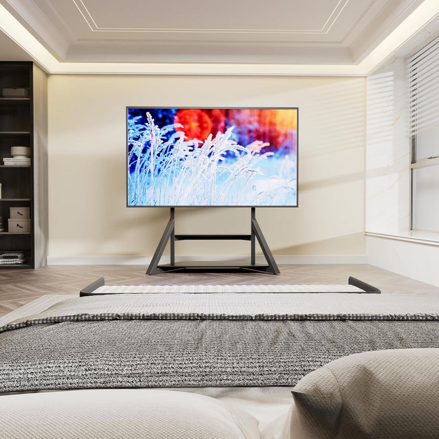 unho Mobile TV Floor Stand with Wheels Shelves for 65 to 100 inch Large LCD/LED Flat Curved Screen up to 220lbs, Adjustable Heights TV Mount Stands VESA 800x600mm, Rolling TV Stand for Bedroom Office