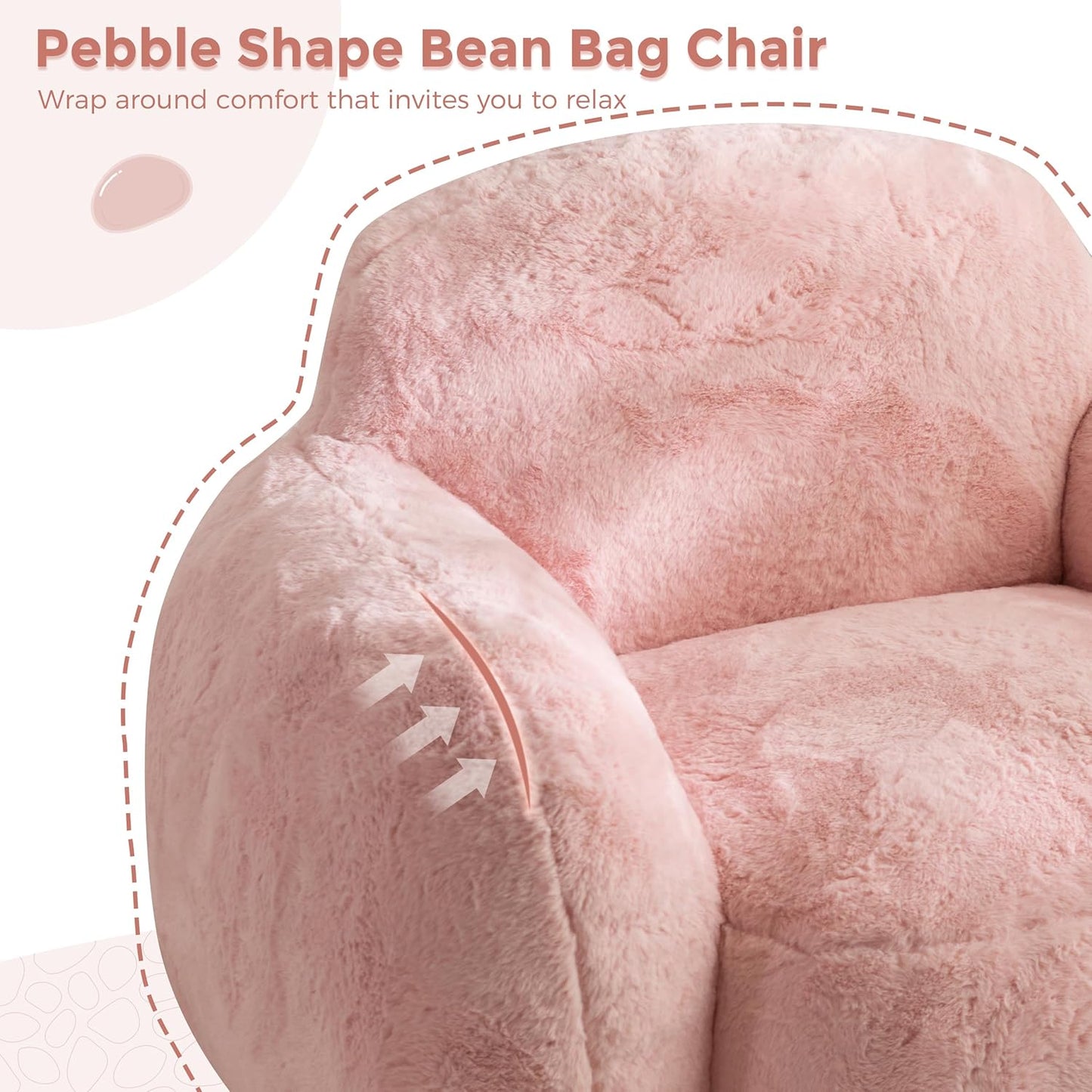 MAXYOYO Bean Bag Chair, Comfy Pebble Shaped Single Bean Bag Sofa for Adults, Stuffed Floor Sofa with Supportive Backrest & Armrests, Modern Faux Fur Accent Chair for Living Room & Bedroom, Pink