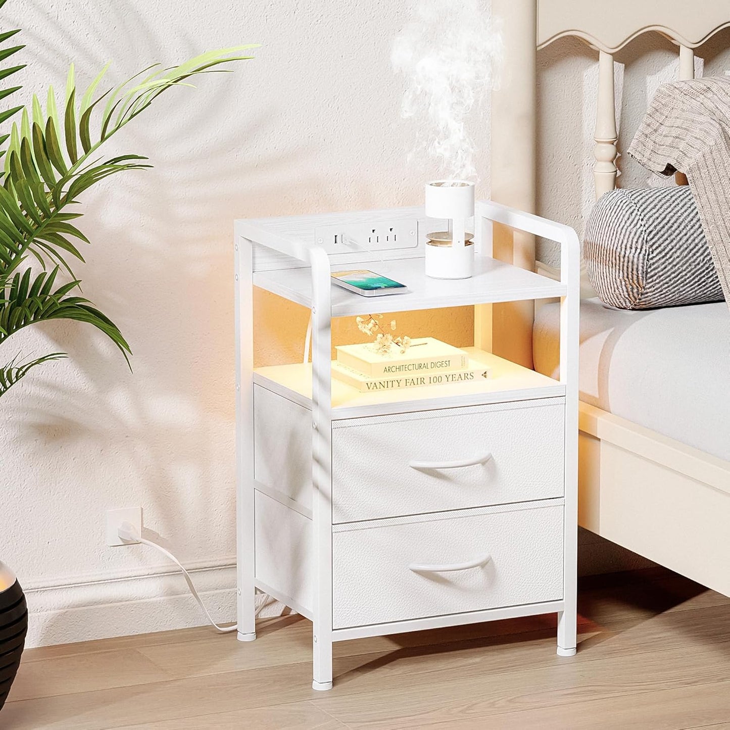 Night Stand Bedside Table Bedroom - White Nightstand with Charging Station & LED Light Strip, Morden Bed Side End Table with Storage Shelf & 2 Fabric Drawers, U-S-B Ports & AC Outlets