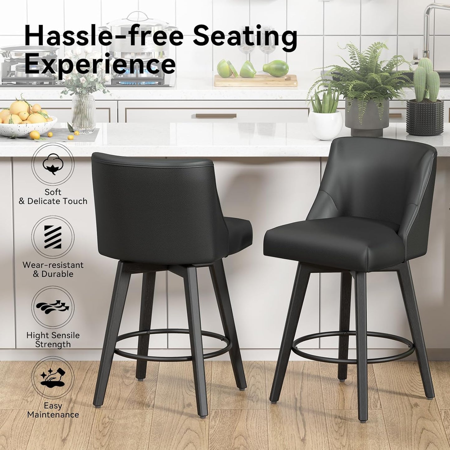 Counter Height Swivel Bar Stools Set of 3, 26 Inch Bar Stools with Footrest, Faux Leather Upholstered Barstools with Back and Solid Wood Legs for Kitchen Island, Dining Room,Pub,Black
