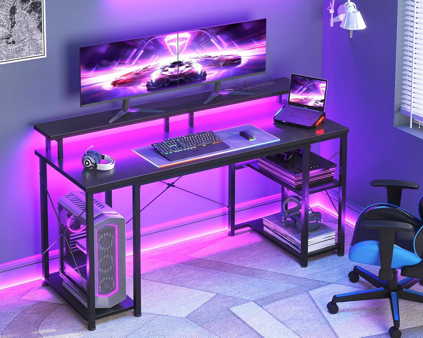 ODK 55 Inches Gaming Desk with LED Lights, Computer Desk with Monitor Stand, Pc Table with CPU Stand, Black