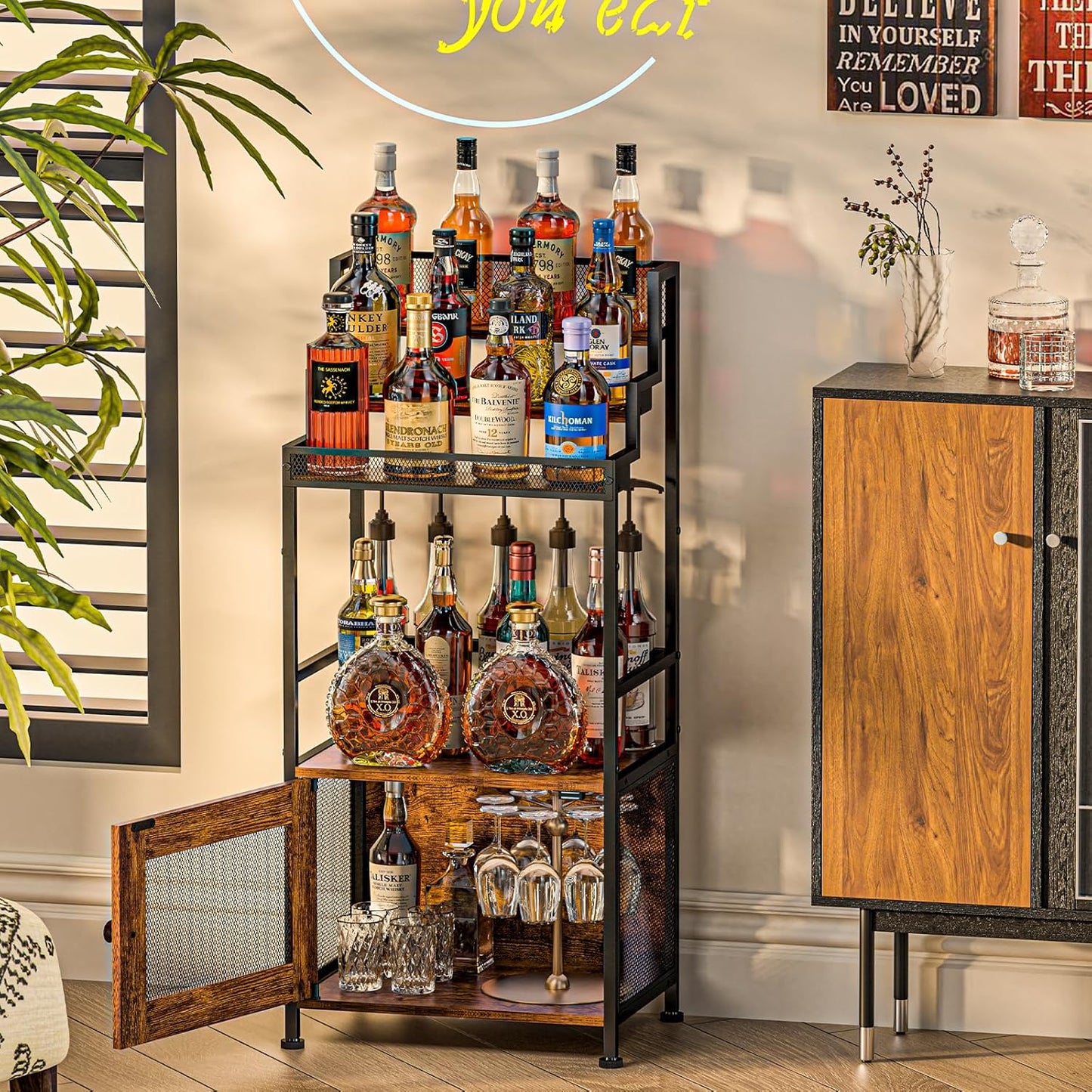 Tiered Liquor Stand with Bar Cabinet for Home, Large-Capacity Wine Rack Freestanding Floor, Stepped Display Shelf Featuring Mesh Door Holds Whiskey & Syrup Bottles, Corner Storage Ideal in living room