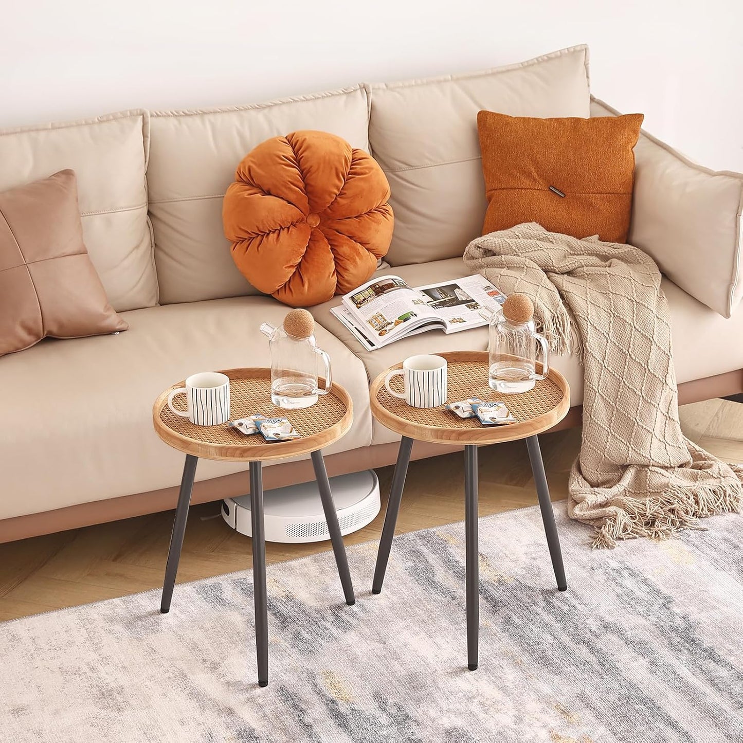 LITA 2 Pcs Rattan Log Desktop Round Side End Table, Nightstand/Small Tables, Indoor Outdoor Wooden Tray Table with Metal Stand End Table for Living Room Bedroom Office Small Spaces