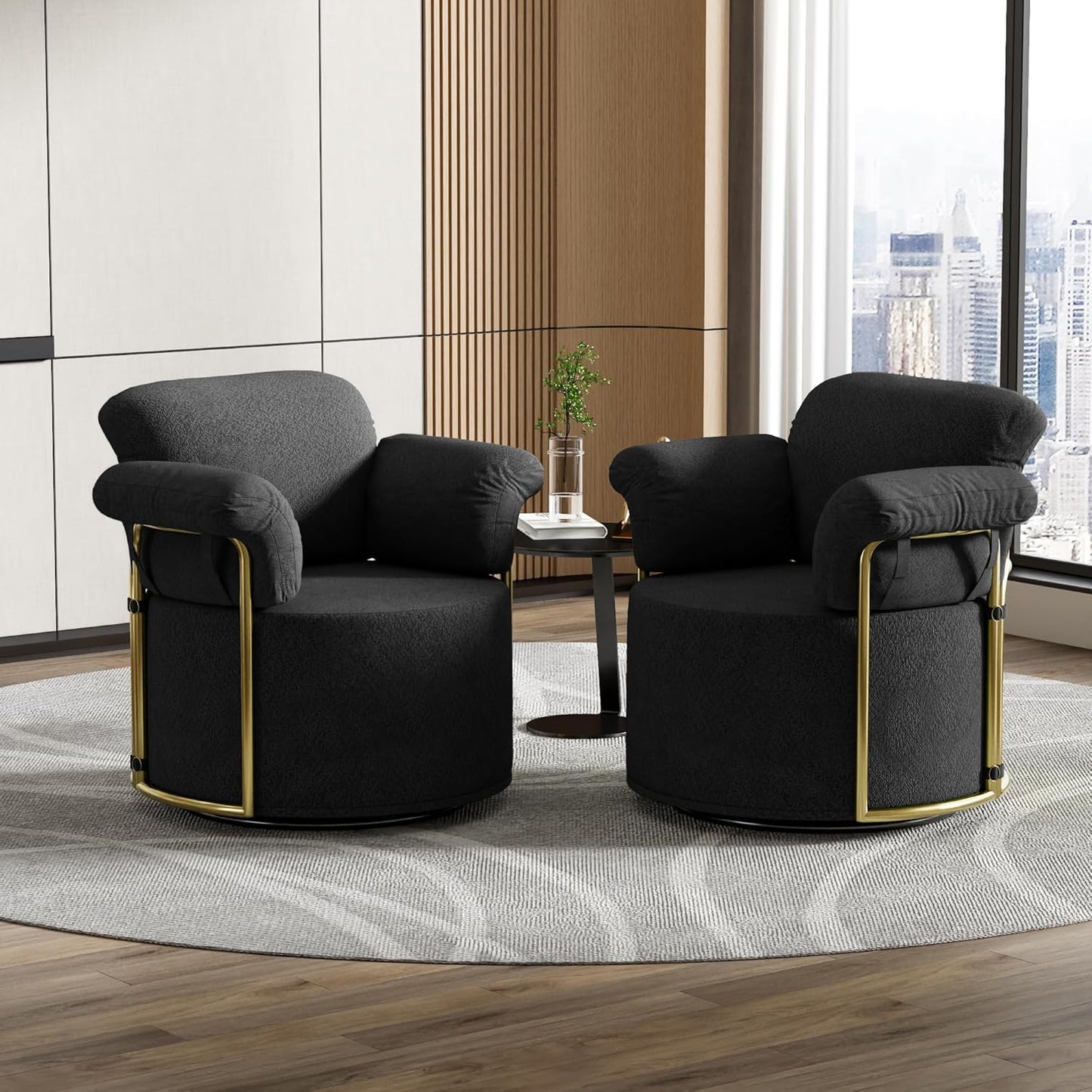 KEIKI Modern Comfy Swivel Accent Reading Chair, 360°Round Upholstered Barrel Armchair Single Club Lounge Sofa Chairs for Living Room,Bedroom, Office,Black