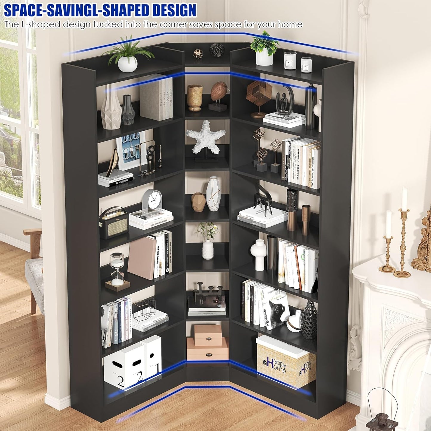 70.8" Tall Corner Bookshelf and Bookcases, 7 Tiers Morden Large Etagere Bookcases Storage Display Rack with Baffle, Industrial L-Shaped Bookshelves for Bedroom, Home Office, Living Room, Black