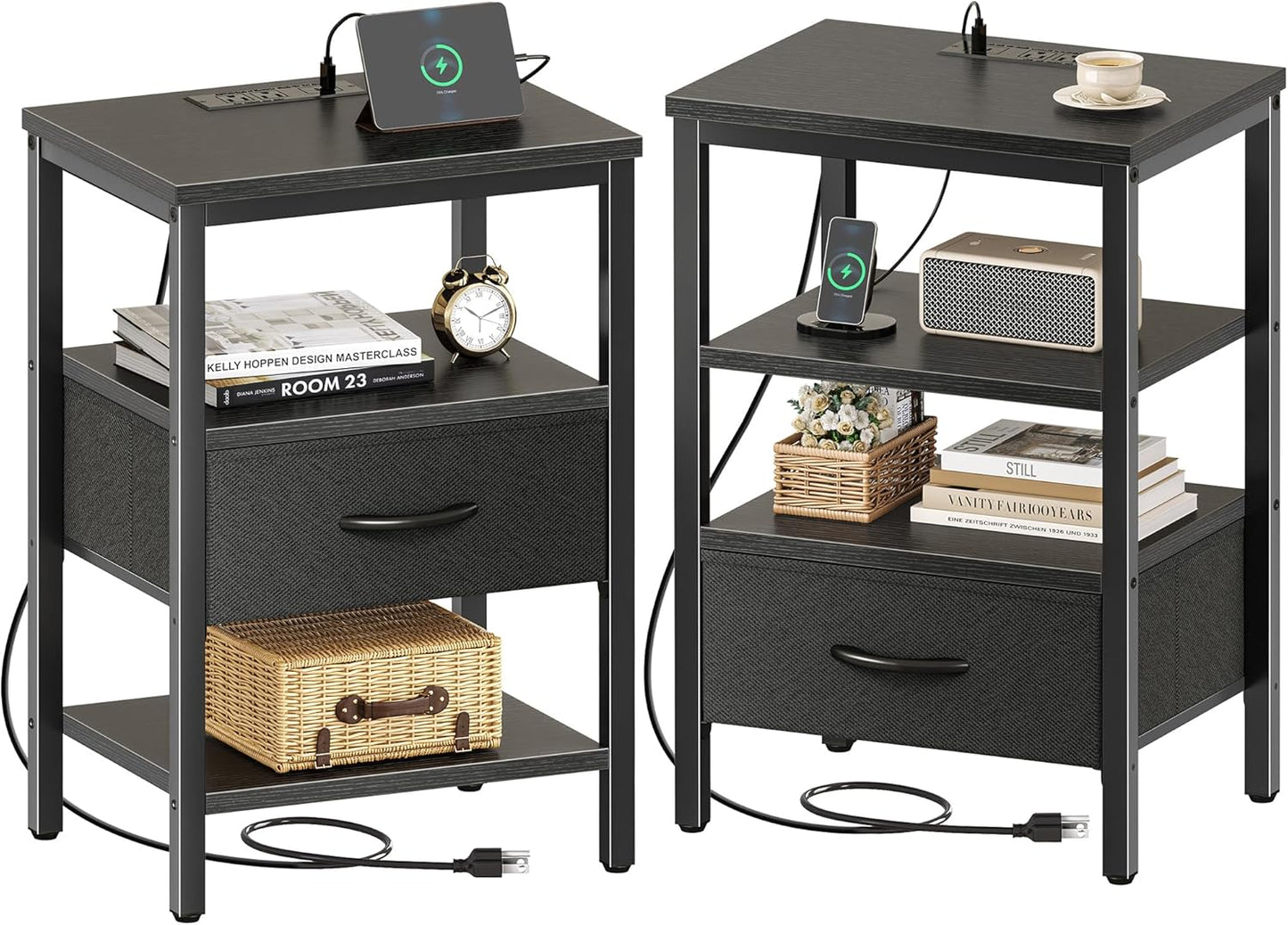 SUPERJARE Nightstand Set of 2, Bed Side Tables with Charging Station, Adjustable Fabric Drawer, Night Stand for Bedroom, 3-Tier Storage End Tables, Black
