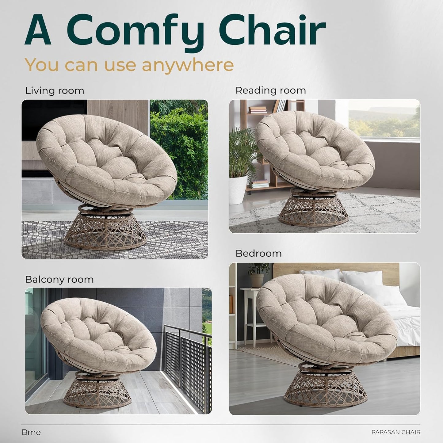 Bme 40" Ergonomic Wicker Papasan Chair with Soft Thick Density Fabric Cushion, High Capacity Steel Frame, 360 Degree Swivel for Living, Bedroom, Reading Room, Lounge, Silver Cloud - Brown Base