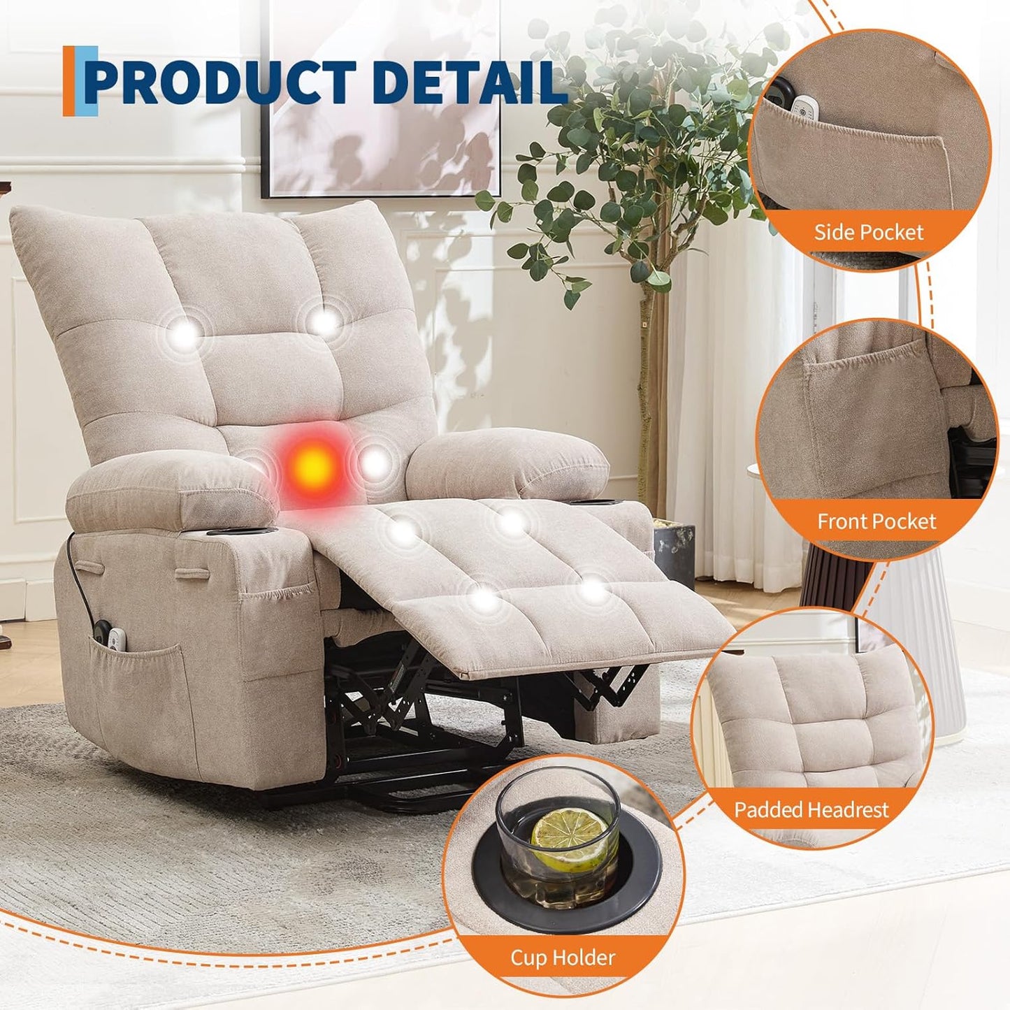 GarveeHome Power Lift Recliner Chair for Elderly with Massage and Heat, Oversized Electric Massage & Heat Recliner with Soft Padded Upholstery, Side Pocket & Cup Holders for Living Room, Beige