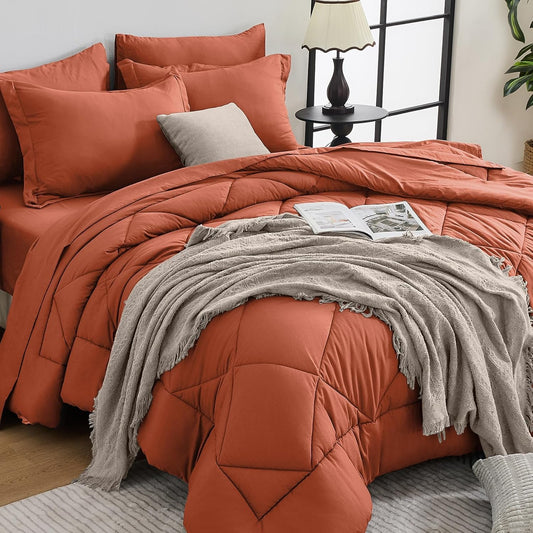 HEVUMYI Burnt Orange Twin Comforter Set - 5-Piece All Season Bed in a Bag Twin, Ultra Soft Bedding Set with Comforter, Flat Sheet, Fitted Sheet, Pillowcases, Pillow Shams