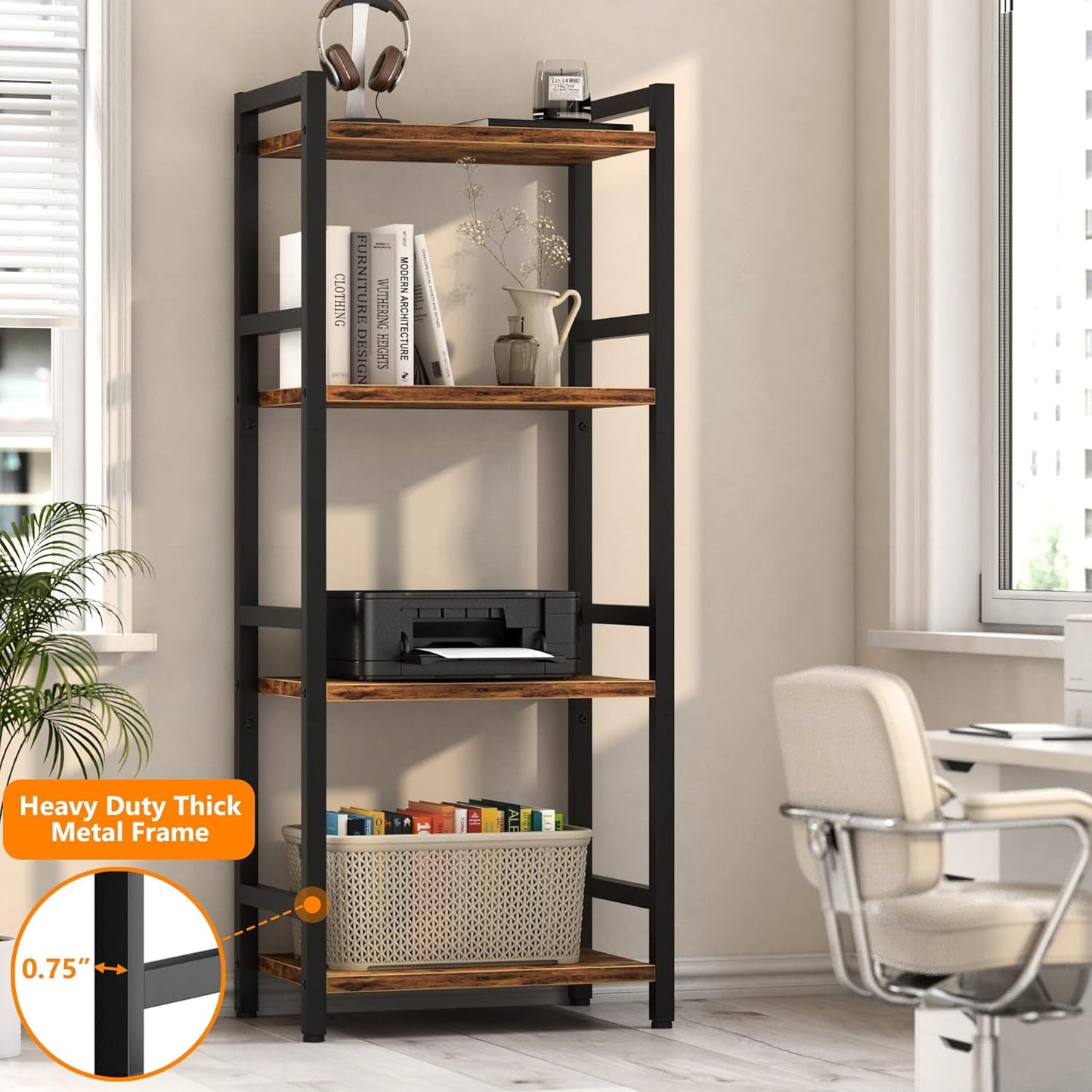 Book Shelf, 4 Tier Bookcase with Steel Frame, Stable Bookshelf Narrow Book Shelves Storage Organizer for Book CD Movie, Open Bookshelves for Living Room, Home Office, Study, Rustic Brown