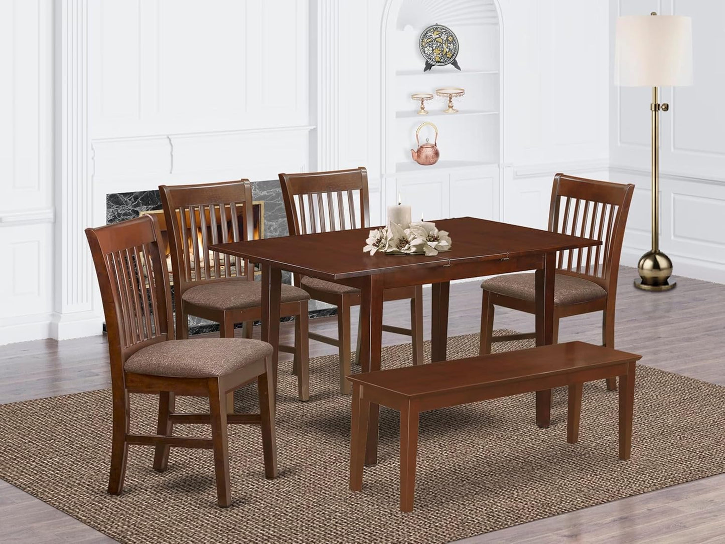 East West Furniture PSNO6C-MAH-C 6 Piece Dining Room Set Contains a Rectangle Kitchen Table with Butterfly Leaf and 4 Linen Fabric Dining Chairs with a Bench, 32x60 Inch, Mahogany