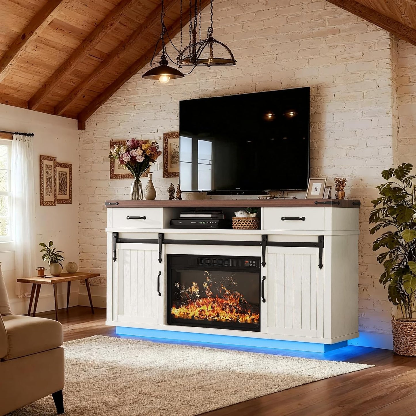 59'' Fireplace TV Stand with 3D Flame Electric Fireplace Heater, 34'' Tall Farmhouse TV Stand for 65 Inch TV, Entertainment Center TV Console with 2 Drawers, Sliding Barn Door for Living Room - White