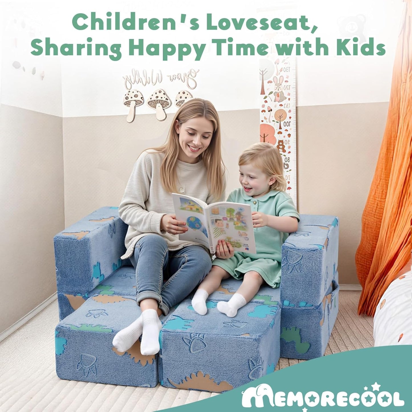 MeMoreCool Modular Kids Couch Dinosaur, Glow Dino Play Toddler Couch for Bedroom, Convertible Foam Kids Sofa Bed, Fold Out Baby Sofa for Girl Boy