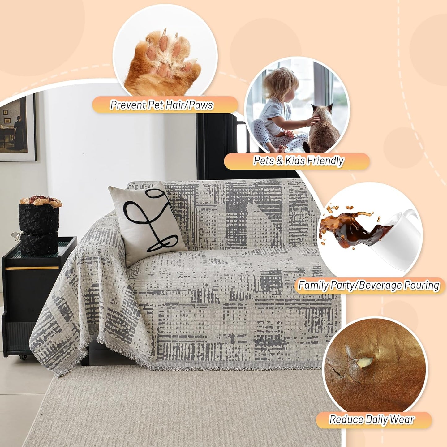 MYSKY HOME Boho Sofa Covers, Couch Covers for 2 Cushion Couch Sofa, Chenille L Shape Sectional Couch Cover, Machine Washable, Sofa Protector for Dog, Kid, 71"x118", Light Grey Artistic Gradient