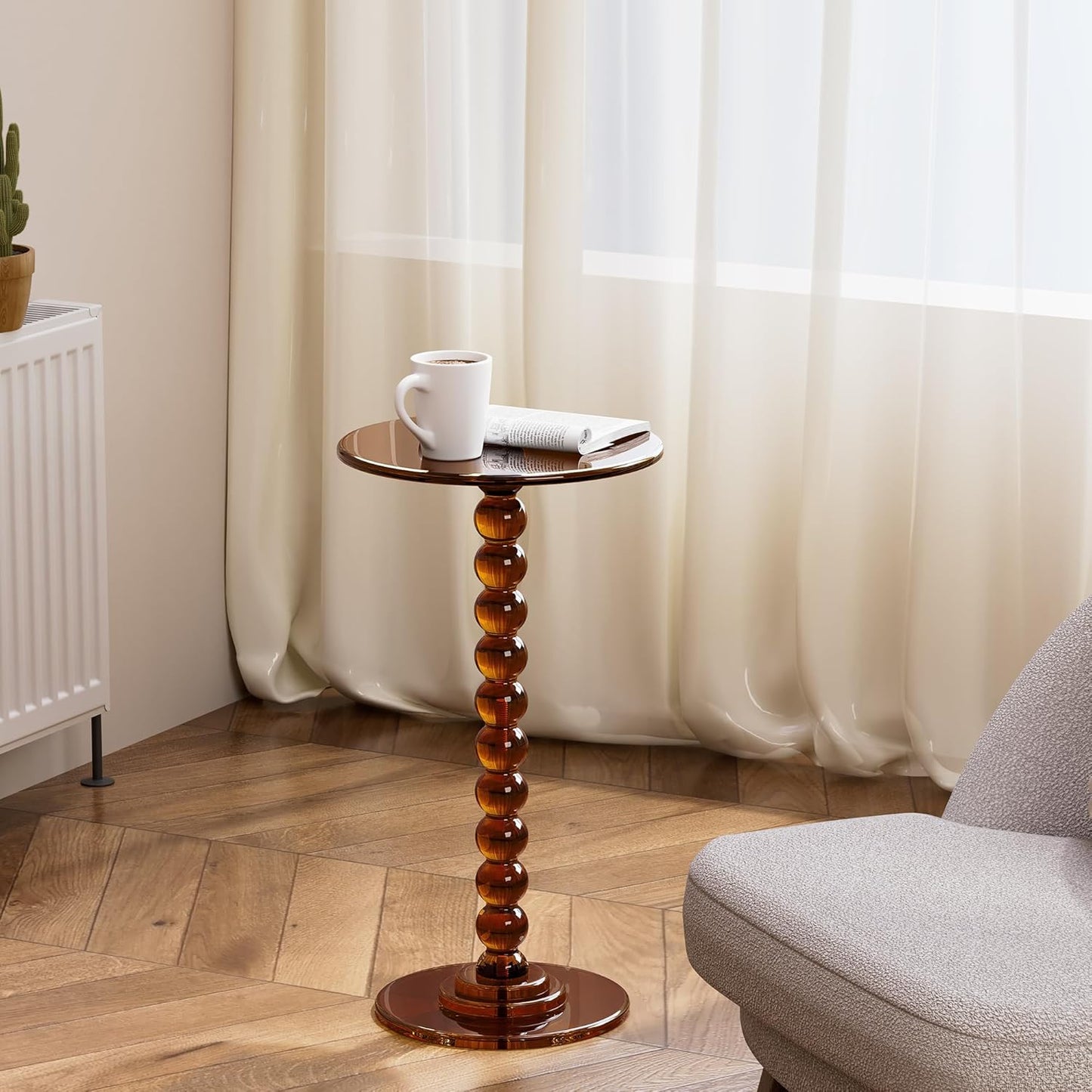 Acrylic Side Table, End Table Round Top with Solid Post for Living Room, Bedroom, Balcony, Easy Assembly (Clear) (Pedestal, Dark Brown)