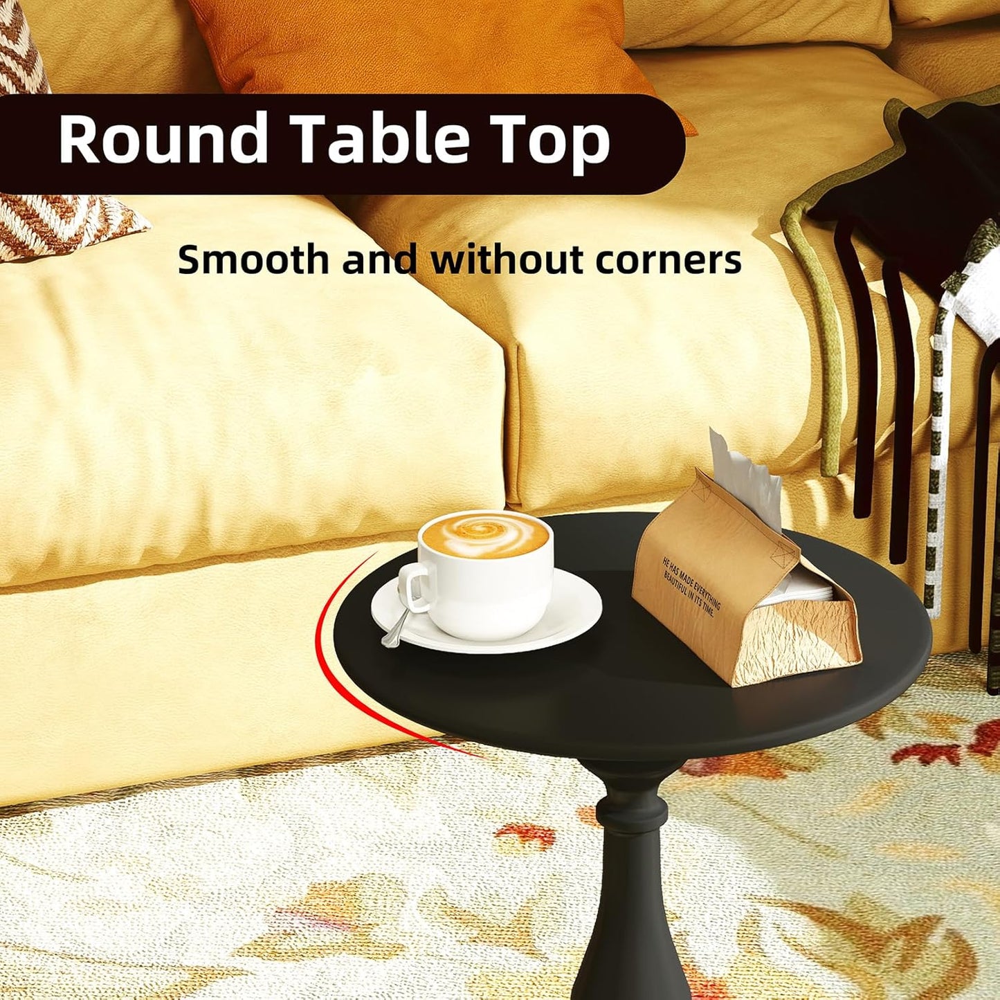 Benkyo Living Room Side Tables Set of 2 Black Round Small End Tables livingroom Sofa End Tables Set of 2 Metal Nightstands Morden Side Table for Bedroom，Black