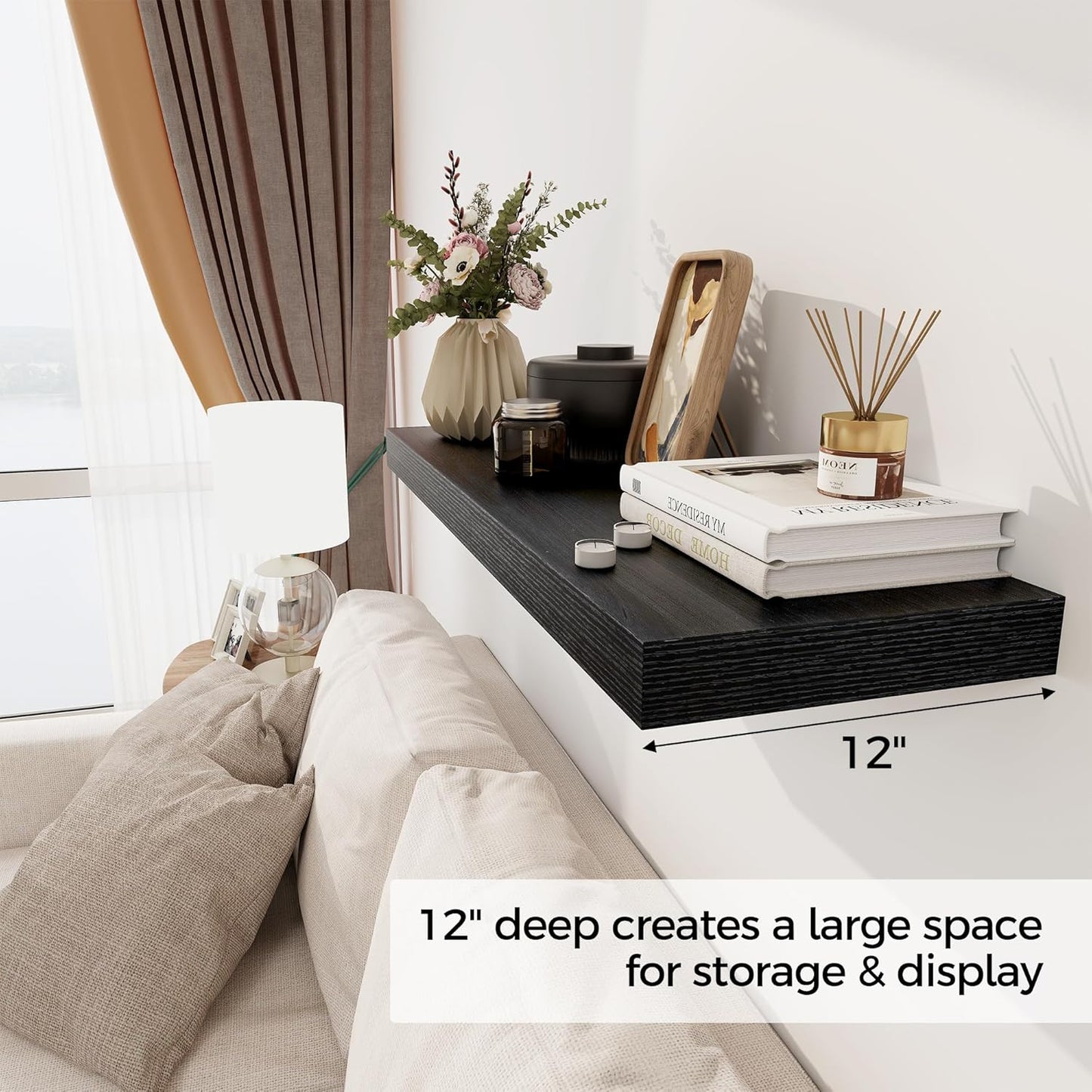 Black Floating Shelves 36 Inch Long, 12 Inch Deep Floating Shelves for Wall, 36 x 12 Shelves for Wall Storage & Display, 2" Thick Floating Shelf for Bathroom, Living Room, Bedroom, Set of 2