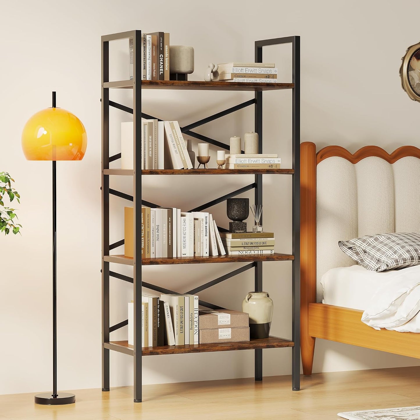 Homeiju 4 Tier Bookshelf 23.6" Width, Kids Bookshelf with Storage, Small Bookcase with Open Shelves, Storage Organization for Bedroom, Living Room and Home Office,Rustic Brown