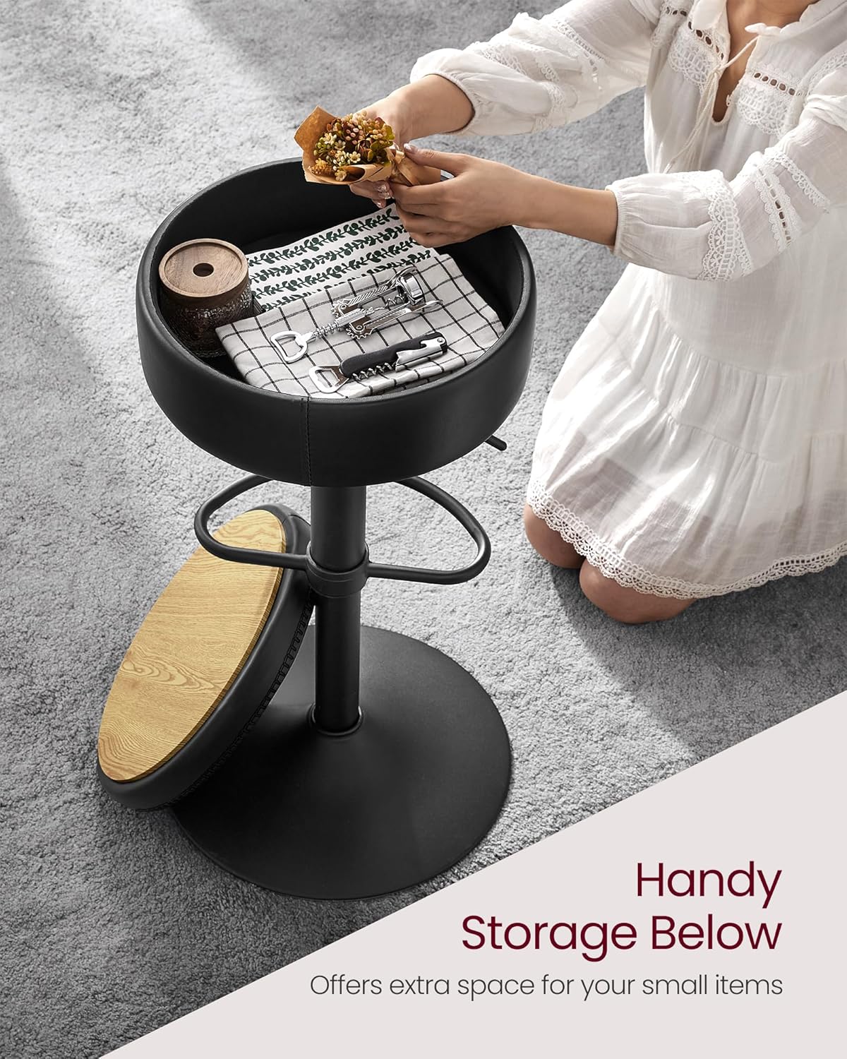 VASAGLE EKHO Collection - 360° Swivel Bar Stool, Height Adjustable Barstool with Storage, Synthetic Leather with Stitching, Mid-Century Modern, Kitchen Bar, Easy Assembly, Ink Black