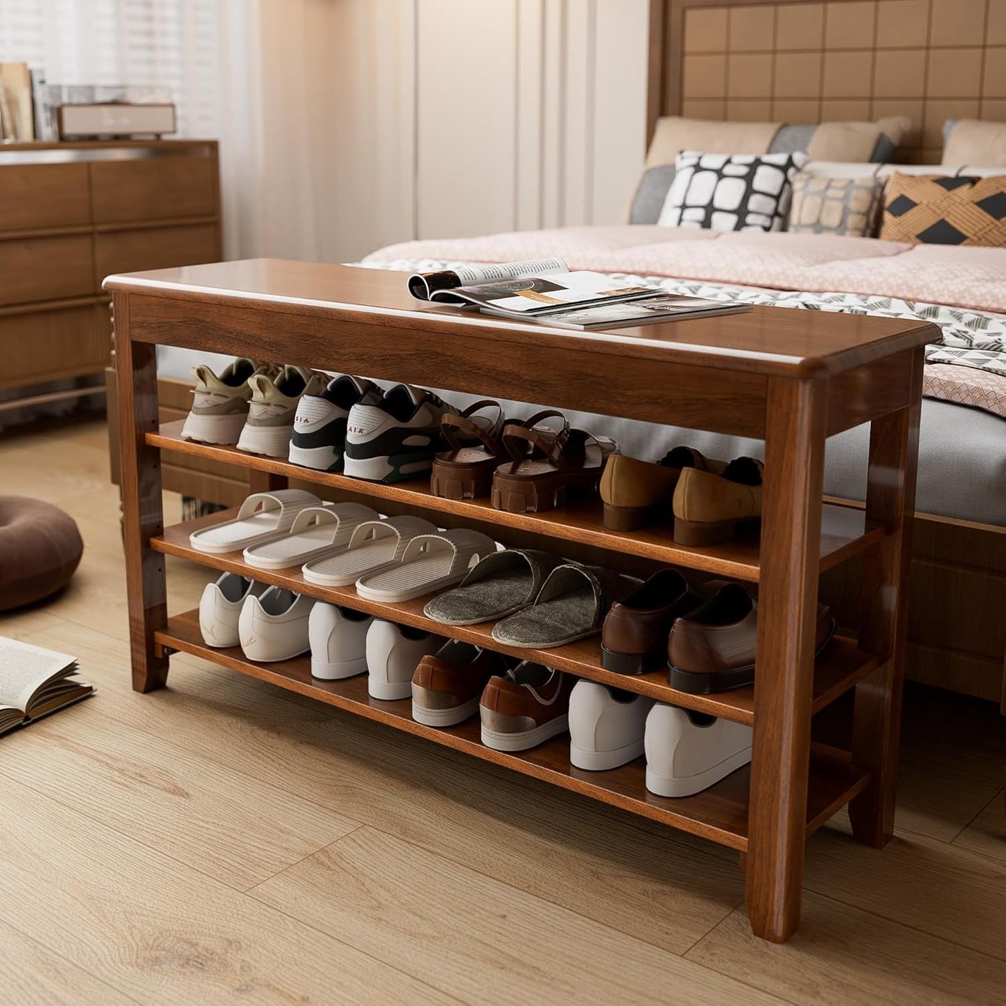 Shoe Storage Bench for Entryway - 4 Tier Shoe Rack for Front Door Entrance, Rubberwood Shoes Rack Height Adjustable, Entryway Bench with Shoes Storage for Any Room (Walnut, 39.4" W)