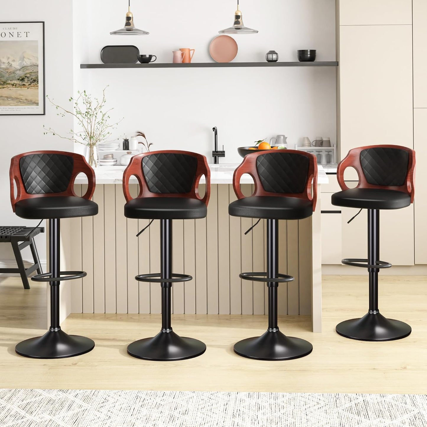 VECELO BarStools Set of 2,Counter Height Stools with Bentwood Back&Arm, Swivel Barstools,PU Leather Kitchen Island Stools, Adjustable Height Bar Chairs for Club Pub Dining Room,Black