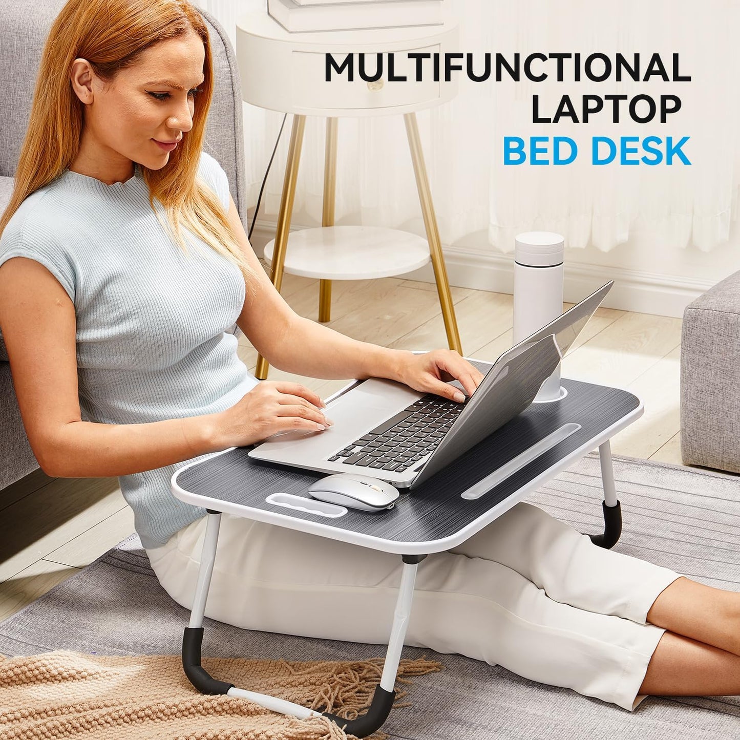 BUYIFY Folding Lap Desk, 23 Inch Portable Wood Black Laptop Bed Desk Lap Desk with Cup Holder, for Working Reading Writing, Eating, Watching Movies for Bed Sofa Couch Floor