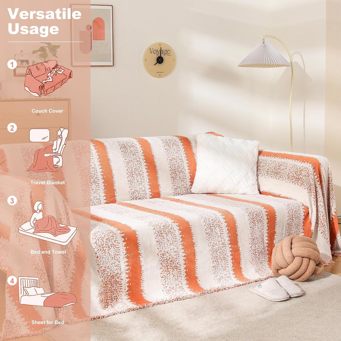 Boho Sofa Cover, Couch Covers for 3 Cushion Couch Sofa Pet Friendly, Sofa Cover Washable, Soft Chenille Living Room Couch Covers Slipcover, Pet Furniture Protecto (1# Orange, 71" x 150")