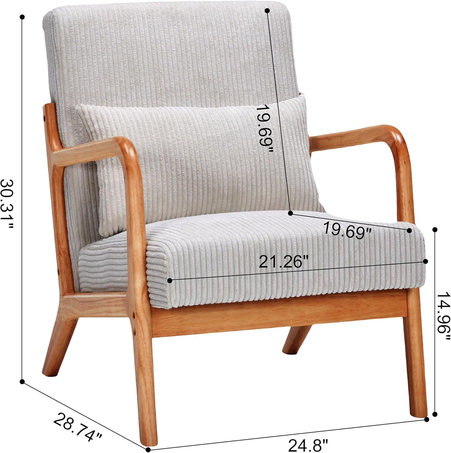 Ball & Cast Living Room Chair with Pillow,Mid-Century Modern Armchair w/Solid Wood Frame & Extra-Thick Backrest,Upholstered Reading Accent Chair for Bedroom,Beige