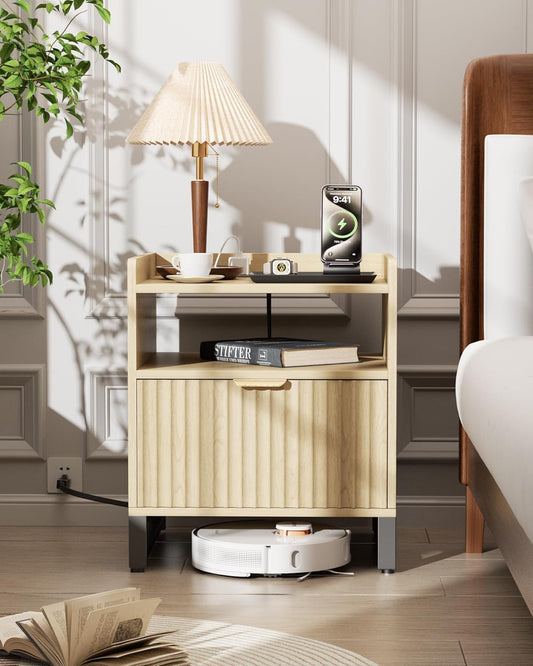 Fluted Night Stand with Charging Station, Wood Nightstand with Large Drawer and Open Storage Cabinet, Mid-Century Modern Bedside Table End Table for Bedroom Closet Office