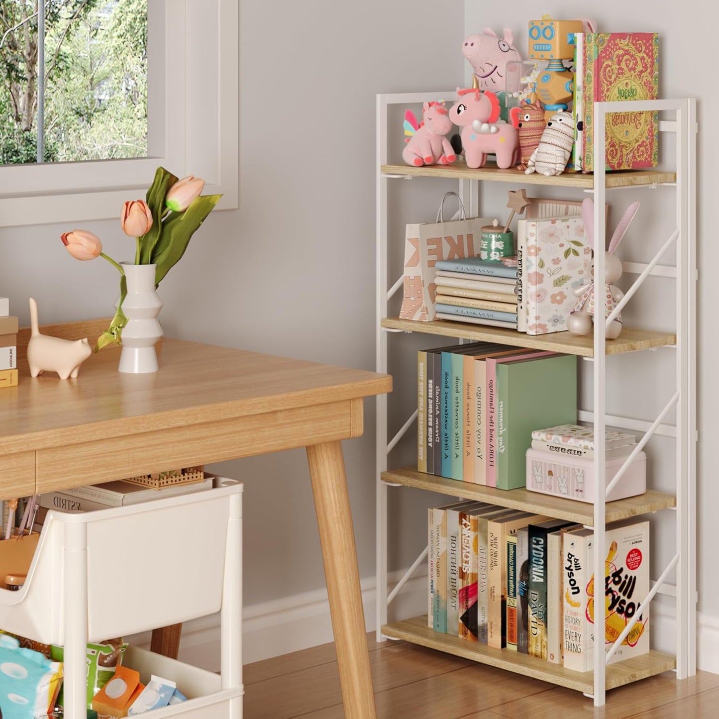 JSB No Assembly Folding Bookshelf, 4 Tier Industrial Metal Book Shelf for Storage, Vintage Wood Foldable Bookcase for Living Room, Bedroom, Office Organization Shelves