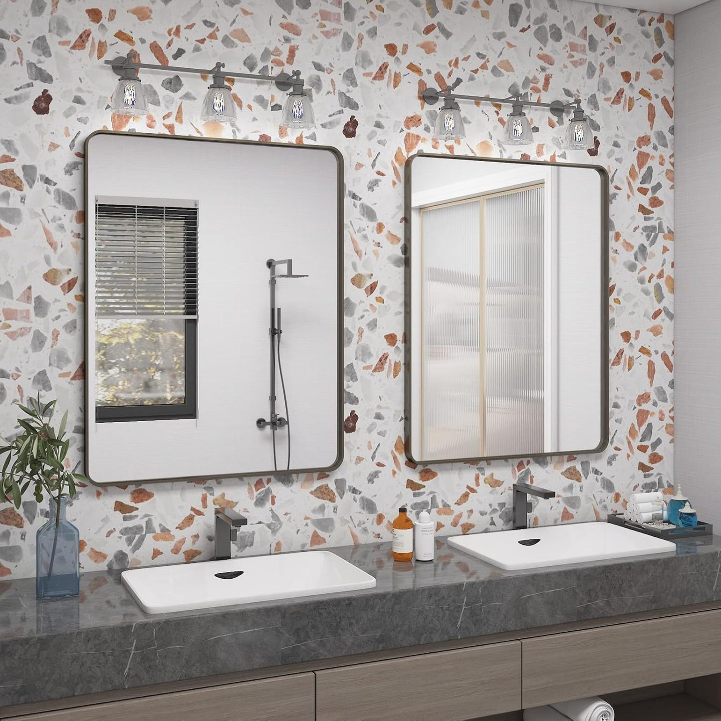 24x36 Bronze Bathroom Mirror, Brushed Metal Bathroom Vanity Mirrors for Wall, Modern Rounded Corner Rectangle Mirror for Farmhouse, Bedroom, Anti-Rust (Horizontal/Vertical)