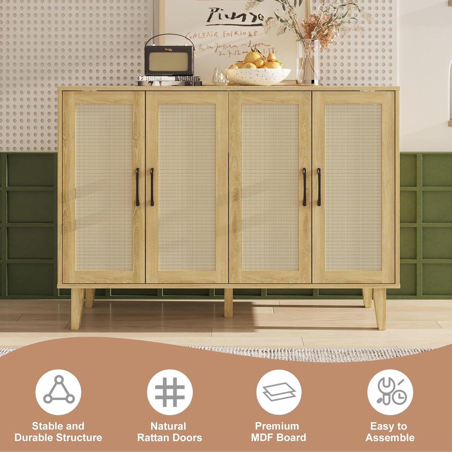 Storage Cabinet with Rattan Trim - 4 Door Sideboard Buffet Cabinet with Storage and Shelves for Bathroom, Coffee Bar, Kitchen, Living Room, Hallway (Natural Wood)