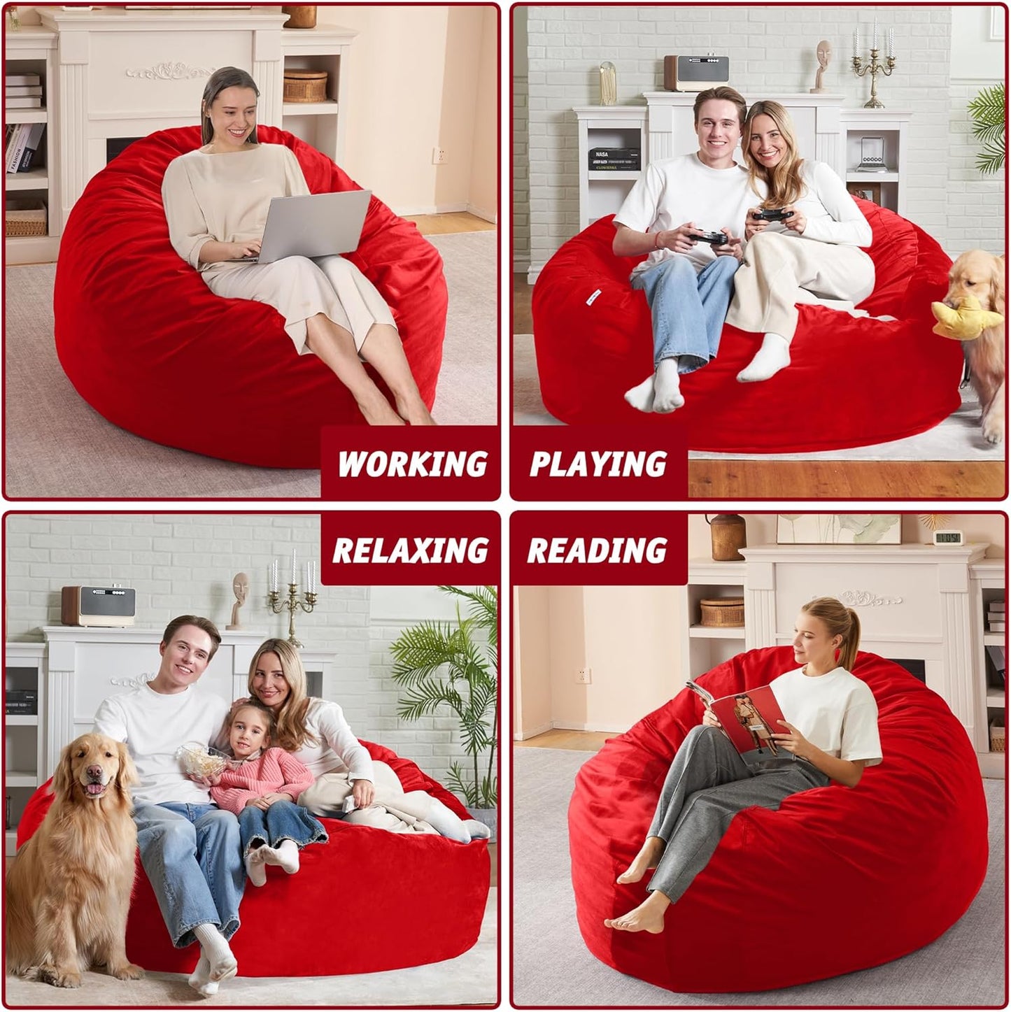5FT Bean Bag Chair with Ultra Soft Velvet Cover Bean Bag Sofa with Memory Foam Bean Bag Chairs with Large Size Lazy Sofa for Dorm Office Living Room Bedroom Red 5'